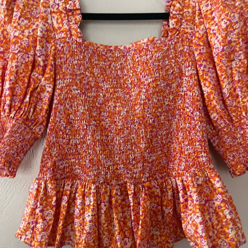 CeCe Floral Smocked Women's Top - Orange and Pink